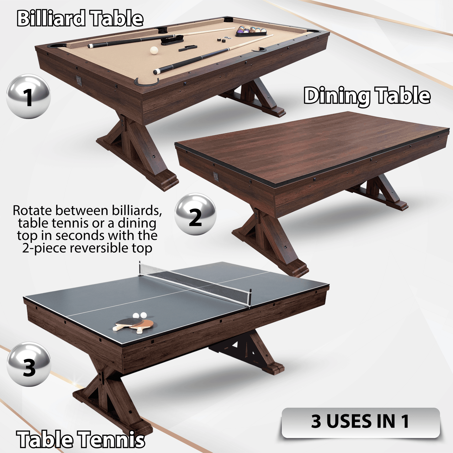 7 Ft 3 in 1 Multi Game Table, Dining Top Pool and Ping Pong Table Combo with Benches